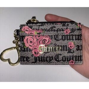 JUICY COUTURE Pink Bloom Change Purse Credit Card ID Holder‎ Heart Key Chain